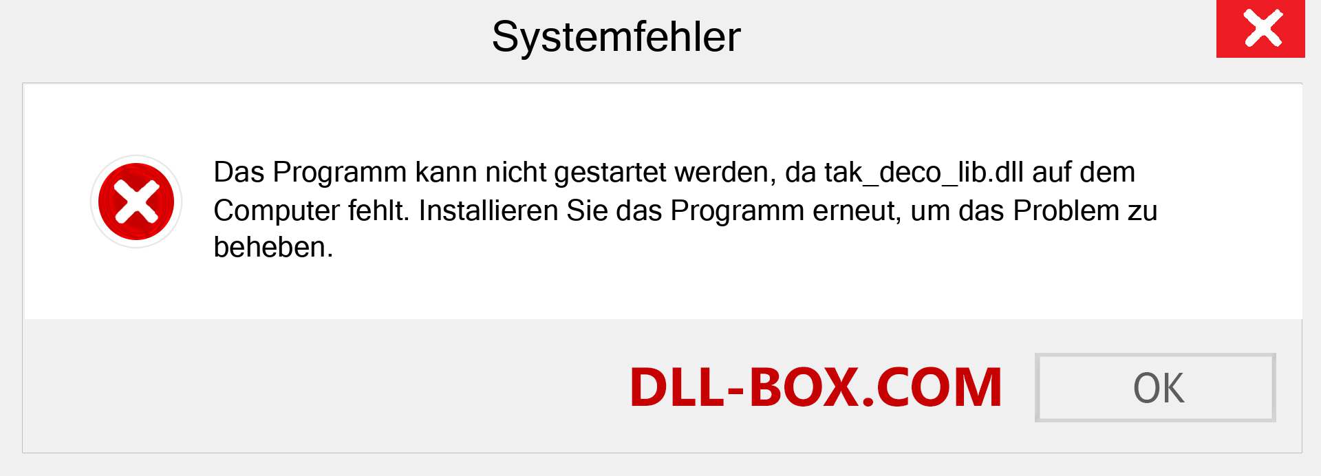 tak_deco_lib.dll-Datei fehlt?. Download für Windows 7, 8, 10 - Fix tak_deco_lib dll Missing Error unter Windows, Fotos, Bildern